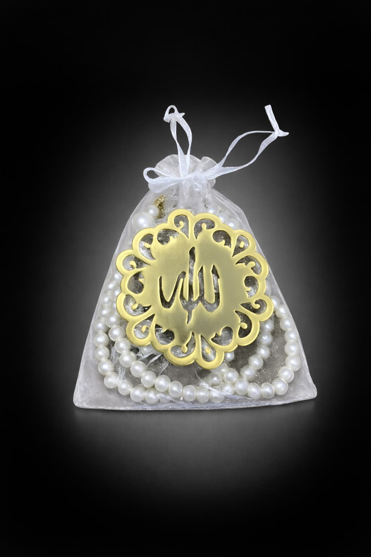 Kesede Beyaz İnci Tesbih Allah Lafızlı Gold Detaylı — görsel 1