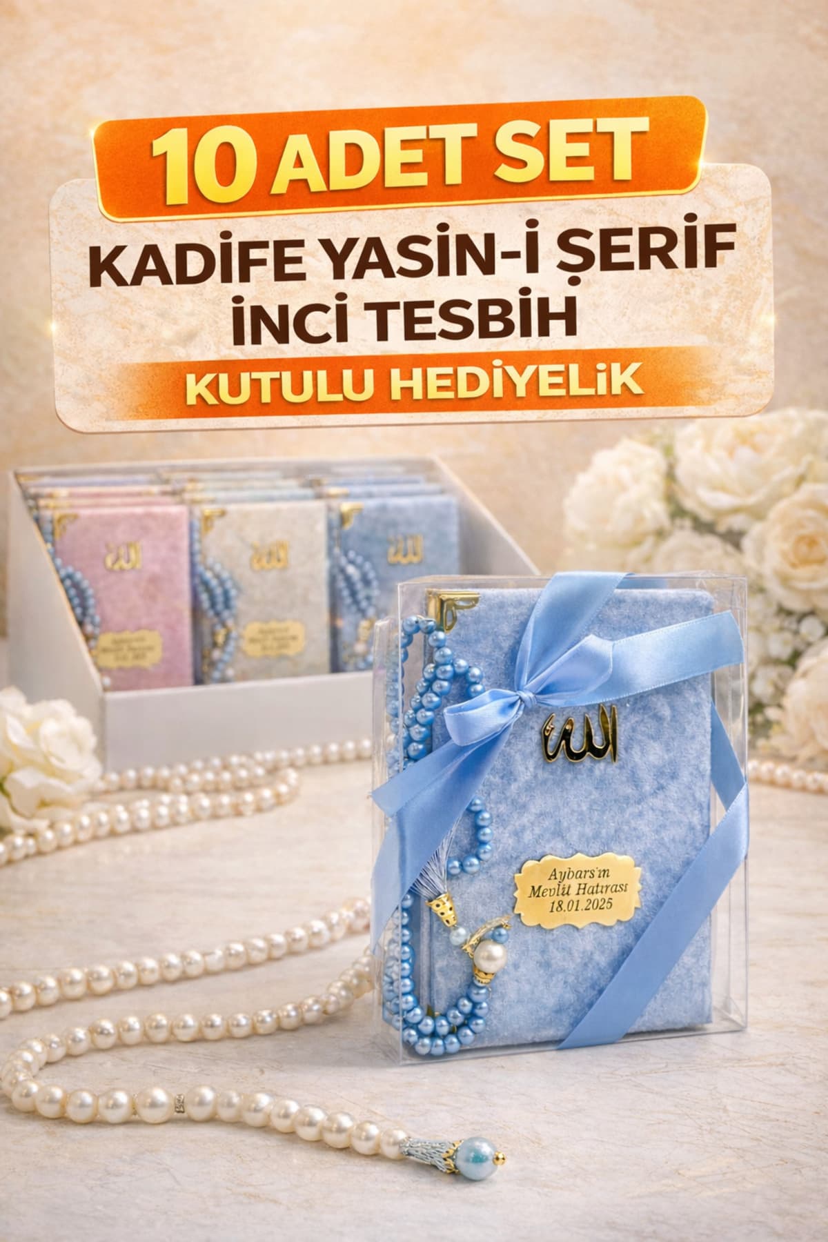 Kutulu Kadife Yasin-i Şerif ve İnci Tesbih Seti — görsel 1