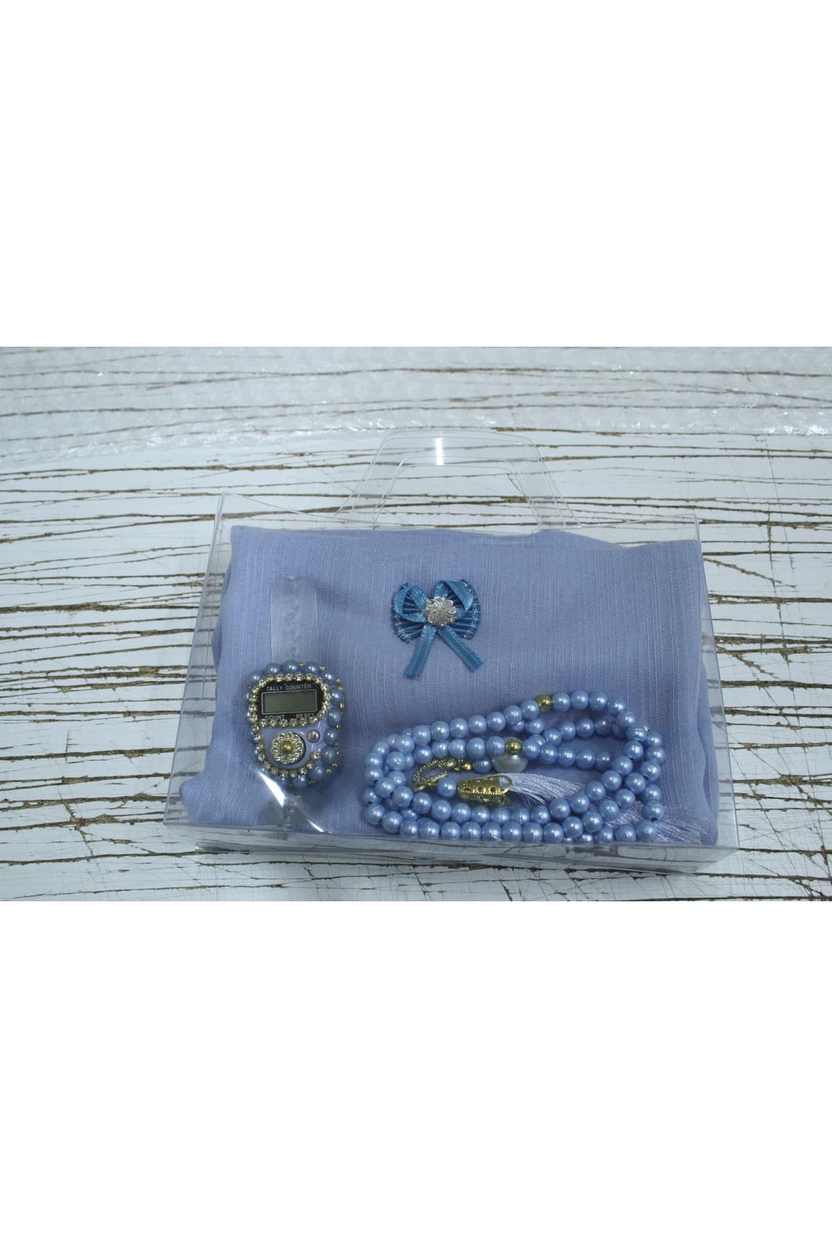 7 'li Başörtü Seti Taşlı Zikirmatik İnci Tesbih Çeyizlik Seti — görsel 3