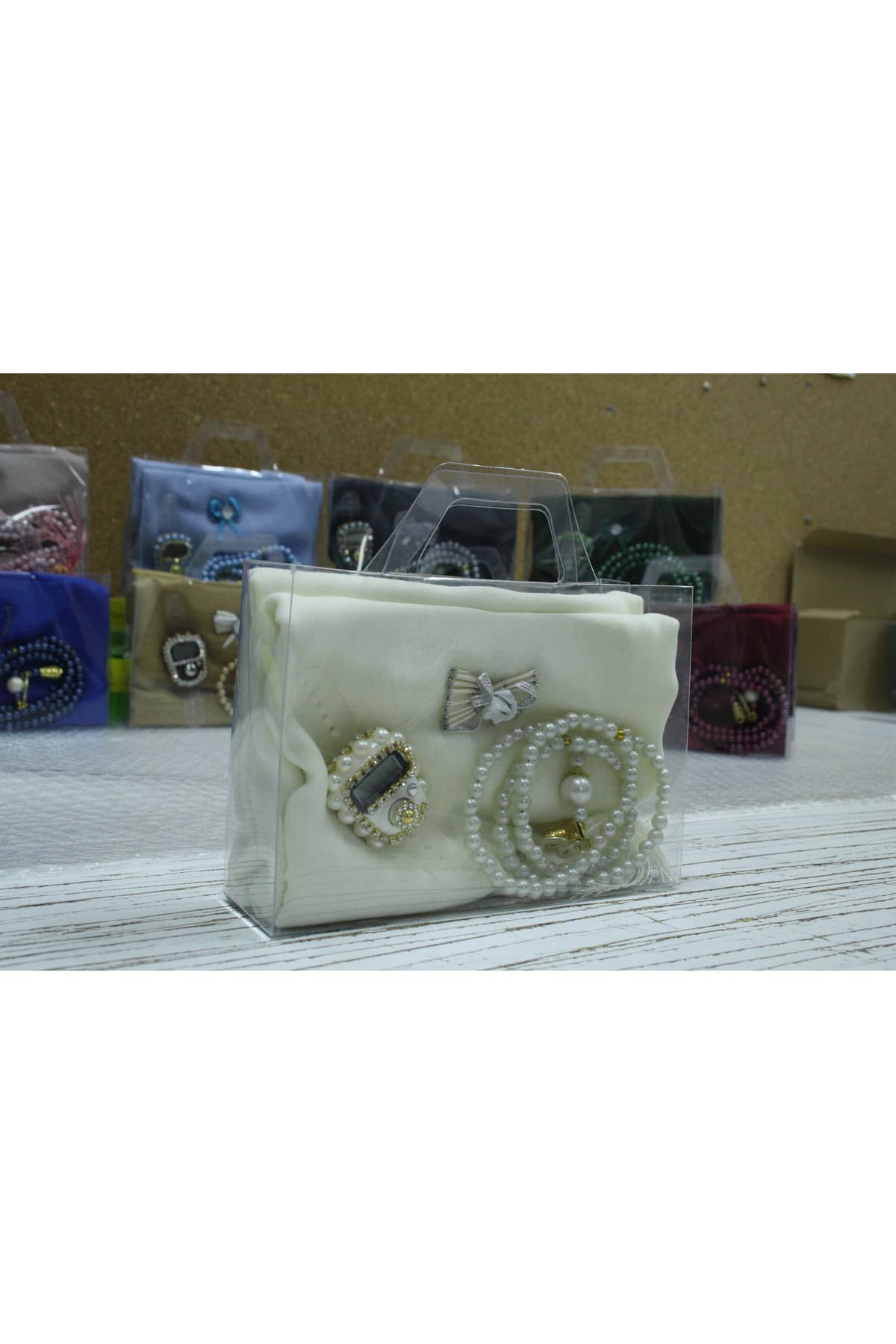 7 'li Başörtü Seti Taşlı Zikirmatik İnci Tesbih Çeyizlik Seti — görsel 2